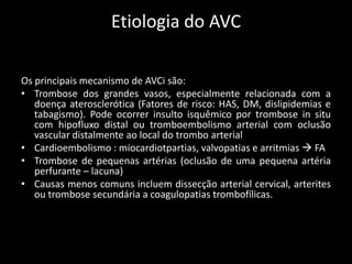 Etiologia do AVC

Os principais mecanismo de AVCi são:
• Trombose dos grandes vasos, especialmente relacionada com a
   doença aterosclerótica (Fatores de risco: HAS, DM, dislipidemias e
   tabagismo). Pode ocorrer insulto isquêmico por trombose in situ
   com hipofluxo distal ou tromboembolismo arterial com oclusão
   vascular distalmente ao local do trombo arterial
• Cardioembolismo : miocardiotpartias, valvopatias e arritmias  FA
• Trombose de pequenas artérias (oclusão de uma pequena artéria
   perfurante – lacuna)
• Causas menos comuns incluem dissecção arterial cervical, arterites
   ou trombose secundária a coagulopatias trombofílicas.
 