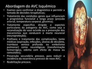 Abordagem do AVC Isquêmico
• Exames para confirmar o diagnóstico e permitir a
  tomada de decisões terapêuticas;
• Tratamento das condições gerais que influenciam
  o prognóstico funcional a longo prazo (pressão
  arterial, temperatura corporal, glicemia);
• Tratamento específico dirigido a aspectos
  particulares da patogenia do AVC, como seja a
  recanalização do vaso ocluído ou a prevenção dos
  mecanismos que conduzem à morte neuronal
  (neuroproteção);
• Profilaxia e tratamento das complicações, tanto
  médicas (aspiração, infecções, úlceras de decúbito,
  trombose venosa profunda ou embolismo
  pulmonar) como neurológicas (transformação
  hemorrágica, edema com efeito de massa ou
  convulsões);
• Prevenção secundária precoce, para reduzir a
  incidência da recorrência precoce de novo AVC;
• Reabilitação precoce.
 