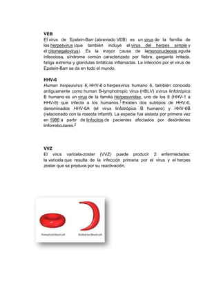 VEB
El virus de Epstein-Barr (abreviado VEB) es un virus de la familia de
los herpesvirus (que también incluye el virus del herpes simple y
el citomegalovirus). Es la mayor causa de lamononucleosis aguda
infecciosa, síndrome común caracterizado por fiebre, garganta irritada,
fatiga extrema y glandulas linfáticas inflamadas. La infección por el virus de
Epstein-Barr se da en todo el mundo.
HHV-6
Human herpesvirus 6, HHV-6 o herpesvirus humano 6, también conocido
antiguamente como human B-lymphotropic virus (HBLV) ovirus linfotrópico
B humano es un virus de la familia Herpesviridae, uno de los 8 (HHV-1 a
HHV-8) que infecta a los humanos.1
Existen dos subtipos de HHV-6,
denominados HHV-6A (el virus linfotrópico B humano) y HHV-6B
(relacionado con la roseola infantil). La especie fue aislada por primera vez
en 1986 a partir de linfocitos de pacientes afectados por desórdenes
linforreticulares.2
VVZ
El virus varicela-zoster (VVZ) puede producir 2 enfermedades:
la varicela que resulta de la infección primaria por el virus y el herpes
zoster que se produce por su reactivación.
 