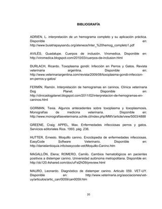 20
BIBLIOGRAFÍA
ADRIEN, L. interpretación de un hemograma completo y su aplicación práctica.
Disponible en:
http://www.buiatriapaysandu.org/ateneos/Inter_%20hemog_completo1.pdf
AVILÉS, Guadalupe. Cuerpos de inclusión. Viromedica. Disponible en:
http://viromedica.blogspot.com/2010/03/cuerpos-de-inclusion.html
DURLACH, Ricardo. Toxoplasma gondii: Infección en Perros y Gatos. Revista
veterinaria argentina. Disponible en:
http://www.veterinariargentina.com/revista/2009/08/toxoplasma-gondii-infeccion-
en-perros-y-gatos/
FERMÍN, Ramón. Interpretación de hemogramas en caninos. Clínica veterinaria
Dog Planet. Disponible en:
http://clinicadogplanet.blogspot.com/2011/02/interpretacion-de-hemogramas-en-
caninos.html
GORMAN, Texia. Algunos antecedentes sobre toxoplasma y toxoplasmosis.
Monografías de medicina veterinaria. Disponible en:
http://www.monografiasveterinaria.uchile.cl/index.php/MMV/article/view/5003/4888
GREENE, Craig; APPEL, Max. Enfermedades infecciosas perros y gatos.
Servicios editoriales Rios. 1993. pág. 236.
HUTTER, Ernesto. Moquillo canino. Enciclopedia de enfermedades infecciosas.
EasyCode Software Veterinario. Disponible en:
http://danielantioquia.info/easycode-vet/Moquillo-Canino.htm
MAGALLÓN, Elena; ROMERO, Camilo. Cambios hematológicos en pacientes
positivos a distemper canino. Universidad autónoma metropolitana. Disponible en:
http://dc120.4shared.com/doc/uFst2hD9/preview.html
MAURO, Leonardo. Diagnóstico de distemper canino. Articulo 059. VET-UY.
Disponible en: http://www.veterinaria.org/asociaciones/vet-
uy/articulos/artic_can/0059/can0059.htm
 