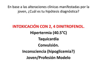 En base a las alteraciones clínicas manifestadas por la
joven, ¿Cuál es tu hipótesis diagnóstica?
INTOXICACIÓN CON 2, 4 DINITROFENOL.
Hipertermia (40.5°C)
Taquicardia
Convulsión.
Inconsciencia (hipoglicemia?)
Joven/Profesión Modelo
 