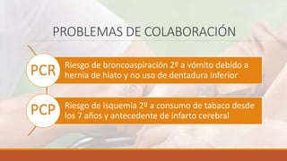 PROBLEMAS DE COLABORACIÓN
Riesgo de broncoaspiración 2º a vómito debido a
hernia de hiato y no uso de dentadura inferior
Riesgo de isquemia 2º a consumo de tabaco desde
los 7 años y antecedente de infarto cerebral
PCR
PCP
 