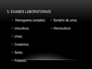 5. EXAMES LABORATORIAIS

  • Hemograma completo;   • Sumário de urina;

  • Urocultura;           • Hemocultura

  • Ureia;

  • Creatinina;

  • Sódio;

  • Potássio;
 
