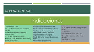 MEDIDAS GENERALES
Indicaciones
Gasometría 13 hrs.
No ADM Paracetamol ni Fenitoina
(RASH).
Evitar adm de medicamentos
simultaneos.
NO mover ventriculostomia.
Avisar en caso de triada de Cushing.
Evitar uso diurético.
Aspiración de secreciones PRN.
Medir perímetro cefálico por turno.
Medidas antiedema: Posición
semifowler, cabeza centrada.
Vigilar estado neurológico.
Medir diámetro pupilar 2 veces por
turno.
Monitorización continua.
DXTX c/8 hrs, avisar si <60 mg/dl, >180
mg/dl.
SV horarios.
Tomar PVC 2 veces por turno.
Curva térmica y reportar picos
febriles.
Tomar TA en brazos.
 