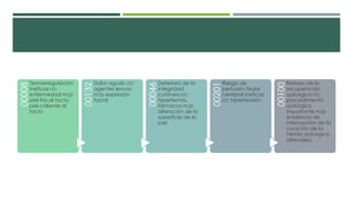 00008
Termorregulación
ineficaz r/c
enfermedad m/p
piel fría al tacto,
piel caliente al
tacto
00132
Dolor agudo r/c
agentes lesivos
m/p expresión
facial
00046
Deterioro de la
integridad
cutánea r/c
hipertermia,
fármacos m/p
alteración de la
superficie de la
piel
00201
Riesgo de
perfusión tisular
cerebral ineficaz
r/c hipertensión
00100
Retraso de la
recuperación
quirúrgica r/c
procedimiento
quirúrgico
importante m/p
evidencia de
interrupción de la
curación de la
herida quirúrgica
(drenajes)
 
