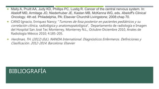  Maity A, Pruitt AA, Judy KD, Phillips PC, Lustig R. Cancer of the central nervous system. In:
Abeloff MD, Armitage JO, Niederhuber JE, Kastan MB, McKenna WG, eds. Abeloff's Clinical
Oncology. 4th ed. Philadelphia, PA: Elsevier Churchill Livingstone; 2008:chap 70.
 CANO Ignacio, Enriquez Nancy; “Tumores de fosa posterior en pacientes pediátricos y su
correlación clínica, radiológica y anatomopatológica”, Departamento de radiología e Imagen
del Hospital San José Tec Monterrey, Monterrey N.L., Octubre-Diciembre 2010, Anales de
Radiología México 2010; 4:185-205.
 Herdman, TH. (2012) (Ed.). NANDA International. Diagnósticos Enfermeros. Definiciones y
Clasificación. 2012-2014. Barcelona: Elsevier
 