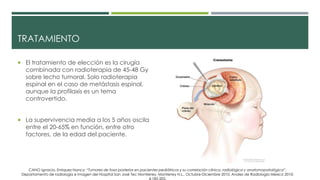 TRATAMIENTO
 El tratamiento de elección es la cirugía
combinada con radioterapia de 45-48 Gy
sobre lecho tumoral. Solo radioterapia
espinal en el caso de metástasis espinal,
aunque la profilaxis es un tema
controvertido.
 La supervivencia media a los 5 años oscila
entre el 20-65% en función, entre otro
factores, de la edad del paciente.
CANO Ignacio, Enriquez Nancy; “Tumores de fosa posterior en pacientes pediátricos y su correlación clínica, radiológica y anatomopatológica”,
Departamento de radiología e Imagen del Hospital San José Tec Monterrey, Monterrey N.L., Octubre-Diciembre 2010, Anales de Radiología México 2010;
 