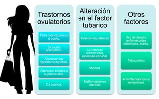 Trastornos
ovulatorios
Fallo ovárico precoz
u oculto.
Sx ovario
poliquistico.
Alteración eje
hipotalamo-hipofisis.
Alteracion tiroides o
suprarrenales.
Cx ovarica.
Alteración
en el factor
tubarico
Infecciones pélvicas
Cx pélvicas
adherencias,
estenosis cervical.
Miomas
Malformaciones
uterinas
Otros
factores
Uso de drogas,
enfermedades
sistémicas, estrés.
Tabaquismo
Antiinflamatorios no
esteroideos
 