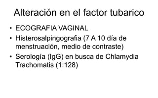 Alteración en el factor tubarico
• ECOGRAFIA VAGINAL
• Histerosalpingografia (7 A 10 día de
menstruación, medio de contraste)
• Serología (IgG) en busca de Chlamydia
Trachomatis (1:128)
 