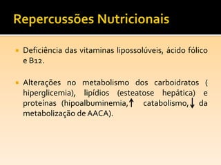  Deficiência das vitaminas lipossolúveis, ácido fólico
e B12.
 Alterações no metabolismo dos carboidratos (
hiperglicemia), lipídios (esteatose hepática) e
proteínas (hipoalbuminemia, catabolismo, da
metabolização de AACA).
 