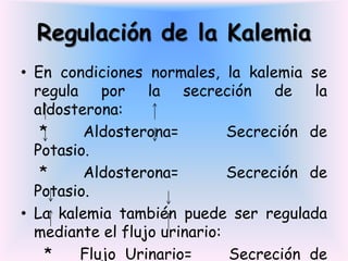 Regulación de la Kalemia
• En condiciones normales, la kalemia se
  regula por la secreción de la
  aldosterona:
   *     Aldosterona=         Secreción de
  Potasio.
   *     Aldosterona=         Secreción de
  Potasio.
• La kalemia también puede ser regulada
  mediante el flujo urinario:
    *   Flujo Urinario=       Secreción de
 