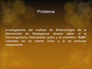 Problema

Investigadores del Instituto de Biotecnología de la
Universidad de Madagascar desean saber si el
microorganismo Helicobacter pylori y el probiótico “Kéfir”
coexisten en un mismo nicho o si se excluyen
mutuamente.

 