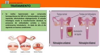 Universidad Nacional
Federico Villarreal
TRATAMIENTO
 Se realiza laparoscopia que comprueba
hemoperitoneo de 500 ml y hematosalpinx ampular
izquierdo, efectuándose salpingectomía. El estudio
histológico revela la transformación decidual, la
presencia de vellosidades coriales y restos
embrionarios intratubario , Es dada de alta al día
siguiente en buenas condiciones.
 