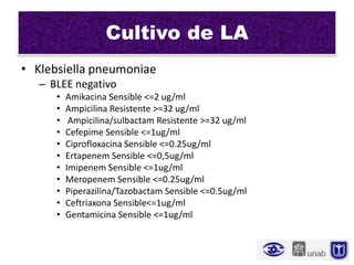 Cultivo de LA
• Klebsiella pneumoniae
   – BLEE negativo
      •   Amikacina Sensible <=2 ug/ml
      •   Ampicilina Resistente >=32 ug/ml
      •    Ampicilina/sulbactam Resistente >=32 ug/ml
      •   Cefepime Sensible <=1ug/ml
      •   Ciprofloxacina Sensible <=0.25ug/ml
      •   Ertapenem Sensible <=0,5ug/ml
      •   Imipenem Sensible <=1ug/ml
      •   Meropenem Sensible <=0.25ug/ml
      •   Piperazilina/Tazobactam Sensible <=0.5ug/ml
      •   Ceftriaxona Sensible<=1ug/ml
      •   Gentamicina Sensible <=1ug/ml
 