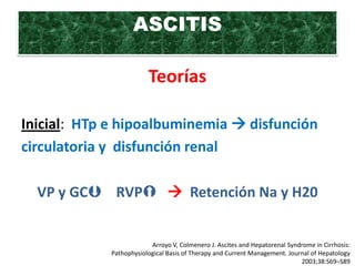 ASCITIS

                         Teorías

Inicial: HTp e hipoalbuminemia  disfunción
circulatoria y disfunción renal

  VP y GC RVP  Retención Na y H20


                          Arroyo V, Colmenero J. Ascites and Hepatorenal Syndrome in Cirrhosis:
             Pathophysiological Basis of Therapy and Current Management. Journal of Hepatology
                                                                             2003;38:S69–S89
 
