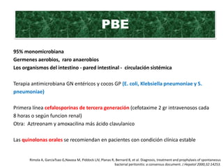 PBE

95% monomicrobiana
Germenes aerobios, raro anaerobios
Los organismos del intestino - pared intestinal - circulación sistémica

Terapia antimicrobiana GN entéricos y cocos GP (E. coli, Klebsiella pneumoniae y S.
pneumoniae)

Primera línea cefalosporinas de tercera generación (cefotaxime 2 gr intravenosos cada
8 horas o según funcion renal)
Otra: Aztreonam y amoxacilina más ácido clavulanico

Las quinolonas orales se recomiendan en pacientes con condición clínica estable


       Rimola A, GarciaTsao G,Navasa M, Piddock LJV, Planas R, Bernard B, et al. Diagnosis, treatment and prophylaxis of spontaneous
                                                              bacterial peritonitis: a consensus document. J Hepatol 2000;32:14253.
 