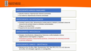 Universidad Nacional
Federico Villarreal
ANTECEDENTES HEREDO-FAMILIARES
ANTECEDENTES NO PATOLÓGICOS
ANTECEDENTES PATOLÓGICOS
ANTECEDENTES GINECO - OBSTÉTRICOS