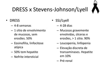DRESS x Stevens-Johnson/Lyell
• DRESS                        • SSJ/Lyell
  – 4-8 semanas                   – 4-28 dias
  – 1 sítio de envolvimento       – Mucosas gravemente
    de mucosas, sem                 envolvidas, úlceras e
    erosões. 50%                    erosões, > 1 sítio. 90%
  – Eosinofilia, linfocitose      – Leucopenia, linfopenia
    atípica                       – Elevação discreta de
  – 50% tem hepatite                transaminases. Hepatite
  – Nefrite intersticial            em 10%
                                  – Pré-renal
 