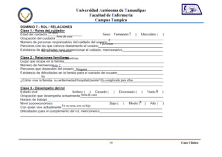 Universidad Autónoma de Tamaulipas
                                   Facultad de Enfermería
                                      Campus Tampico

     28 años                                                        x
           Ama de casa
                                                     2
                                              5 personas

No, no existe, se turnan

                   Su sobrina

        Solo 2
                            Ninguna

No
                                               Es complicado para ellos


                                                                              X
                                Ama de casa

                                                                          X
                 En su casa, con su hijo




                                                     10                           Caso Clínico
 