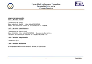 Universidad Autónoma de Tamaulipas
                                              Facultad de Enfermería
                                                 Campus Tampico




DOMINIO 3. ELIMINACIÓN
Clase 1. Función urinaria

Características de la orina
Color: AMARILLO CLARO          Olor: CARACTERÍSTICO
Hábitos de la eliminación urinaria: AL SENTIR REFLEJO, ELIMINA

Clase 2. Función gastrointestinal

Características de la evacuación
Color: MARRÓN Olor: CARACTERÏSTICO Consistencia: Blanda/Dura
Frecuencia de la eliminación intestinal: DE UNA A 2 VECES AL DÍA.

Clase 3. Función integumentaria

Temperatura: 37ºc

Clase 4. Función respiratoria

No tiene presencia de rinorrea, a menos de estar en enfermedad.




                                                              6             Caso Clínico
 