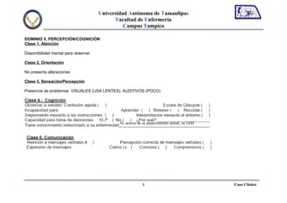 Universidad Autónoma de Tamaulipas
                                              Facultad de Enfermería
                                                 Campus Tampico

DOMINIO 5. PERCEPCIÓN/COGNICIÓN
Clase 1. Atención

Disponibilidad mental para observar.

Clase 2. Orientación

No presenta alteraciones

Clase 3. Sensación/Percepción

Presencia de problemas: VISUALES (USA LENTES), AUDITIVOS (POCO)




                                         x
                                               Si, acerca de su padecimiento actual, su IAM



                                x
                                                 x




                                                            8                                 Caso Clínico
 