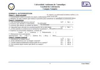 Universidad Autónoma de Tamaulipas
               Facultad de Enfermería
                  Campus Tampico

                         Si, respecto a su enfermedad de diabetes mellitus y a la
                         actual, la del IAM
                                               Seguir su tratamiento médico

                                                           x
           Su enfermedad
                Su enfermedad
                                                           x
                                Mal, quiere ir a su casa

x

    x                     x
                                                           X
                                                           x
                                                                 X
                                                                 x




                                9                                                   Caso Clínico
 