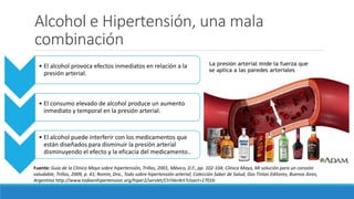 Alcohol e Hipertensión, una mala
combinación
Fuente: Guía de la Clínica Mayo sobre hipertensión, Trillas, 2001, México, D.F., pp. 102-104; Clínica Mayo, Mi solución para un corazón
saludable, Trillas, 2009, p. 41; Romin, Dra., Todo sobre hipertensión arterial, Colección Saber de Salud, Dos Tintas Editores, Buenos Aires,
Argentina http://www.todoenhipertension.org/hiper2/servlet/CtrlVerArt?clvart=17016
• El alcohol provoca efectos inmediatos en relación a la
presión arterial.
• El consumo elevado de alcohol produce un aumento
inmediato y temporal en la presión arterial.
• El alcohol puede interferir con los medicamentos que
están diseñados para disminuir la presión arterial
disminuyendo el efecto y la eficacia del medicamento..
 