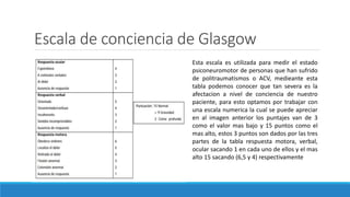 Escala de conciencia de Glasgow
Esta escala es utilizada para medir el estado
psiconeuromotor de personas que han sufrido
de politraumatismos o ACV, medieante esta
tabla podemos conocer que tan severa es la
afectacion a nivel de conciencia de nuestro
paciente, para esto optamos por trabajar con
una escala numerica la cual se puede apreciar
en al imagen anterior los puntajes van de 3
como el valor mas bajo y 15 puntos como el
mas alto, estos 3 puntos son dados por las tres
partes de la tabla respuesta motora, verbal,
ocular sacando 1 en cada uno de ellos y el mas
alto 15 sacando (6,5 y 4) respectivamente
 