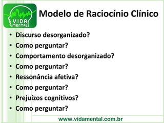 Modelo de Raciocínio Clínico
• Discurso desorganizado?
• Como perguntar?
• Comportamento desorganizado?
• Como perguntar?
• Ressonância afetiva?
• Como perguntar?
• Prejuízos cognitivos?
• Como perguntar?
 
