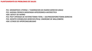 PLANTEAMIENTO DE PROBLEMAS DE SALUD:
PS1: MIOMATOSIS UTERINA + TUMORACION DE OVARIO DERECHO (2022)
PS2: ANEMIA CRONICA MODERADA HIPOCROMICA-MICROCITICA
HDX: DEFICIT DE HIERRO
PS3: POST OPERADA DE HISTERECTOMIA TOTAL + SALPINGOOFORECTOMIA DERECHA
PS4: INFARTO CEREBELOSO DERECHO (PICA): SINDROME DE WALLENBERG
HDX: ESTADO DE HIPERCOAGUBILIDAD
 