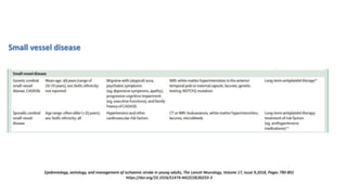 Epidemiology, aetiology, and management of ischaemic stroke in young adults, The Lancet Neurology, Volume 17, Issue 9,2018, Pages 790-801
https://doi.org/10.1016/S1474-4422(18)30233-3
Small vessel disease
 