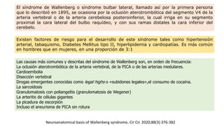 El síndrome de Wallenberg o síndrome bulbar lateral, llamado así por la primera persona
que lo describió en 1895, se ocasiona por la oclusión aterotrombótica del segmento V4 de la
arteria vertebral o de la arteria cerebelosa posteroinferior, la cual irriga en su segmento
proximal la cara lateral del bulbo raquídeo, y con sus ramas distales la cara inferior del
cerebelo.
Existen factores de riesgo para el desarrollo de este síndrome tales como hipertensión
arterial, tabaquismo, Diabetes Mellitus tipo II, hiperlipidemia y cardiopatías. Es más común
en hombres que en mujeres, en una proporción de 3:1
Las causas más comunes y descritas del síndrome de Wallenberg son, en orden de frecuencia:
La oclusión aterotrombótica de la arteria vertebral, de la PICA o de las arterias medulares.
Cardioembolia
Disección vertebral
Drogas emergentes conocidas como legal highs o «subidones legales»,el consumo de cocaína.
La sarcoidosis
Granulomatosis con poliangeítis (granulomatosis de Wegener)
La arteritis de células gigantes
La picadura de escorpión
Incluso el aneurisma de PICA sin rotura
Neuroanatomical basis of Wallenberg syndrome, Cir Cir. 2020;88(3):376-382
 