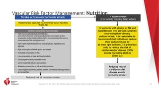 Kleindorfer, D. O., et al. (2021). 2021 AHA/ASA Guideline for the Prevention of Stroke in Patients With Stroke and Transient Ischemic Attack. Stroke.
Mediterranean type diet (in preference to low-fat diet)
(Class 2a)
Mediterranean Diet (Summarized)
• High monounsaturated/saturated fat ratio
(use of olive oil as main cooking ingredient and/or consumption of other
consumption of other traditional foods high in monounsaturated fats such as
monounsaturated fats such as tree nuts)
• High intake of plant‐based foods, including fruits, vegetables and
legumes
• High consumption of whole grains and cereals
• Increased consumption of fish
• Low consumption of meat and meat products
• Discourages red and processed meats
• Low to moderate red wine consumption
• Moderate consumption of milk and dairy products
• Discourages soda drinks, pastries, sweets, commercial bakery products
and spread fats
Vascular Risk Factor Management: Nutrition
54
Reduced risk of recurrent stroke
+ hypertension
(if not currently restricting dietary sodium)
In patients with stroke or TIA and
hypertension who are not currently
restricting their dietary
sodium intake, it is reasonable to
recommend that individuals reduce
their sodium intake by
at least 1g/d sodium (2.5 grams/day
salt) to reduce the risk of
cardiovascular disease (CVD)
events (including stroke)
(Class 2a)
Reduced risk of
cardiovascular
disease events
(including stroke)
Stroke or transient ischemic attack
 