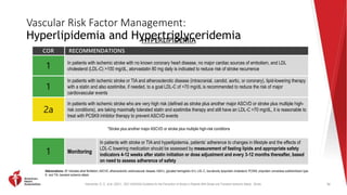 Kleindorfer, D. O., et al. (2021). 2021 AHA/ASA Guideline for the Prevention of Stroke in Patients With Stroke and Transient Ischemic Attack. Stroke.
Vascular Risk Factor Management:
Hyperlipidemia and Hypertriglyceridemia
COR RECOMMENDATIONS
1 In patients with ischemic stroke with no known coronary heart disease, no major cardiac sources of embolism, and LDL
cholesterol (LDL-C) >100 mg/dL, atorvastatin 80 mg daily is indicated to reduce risk of stroke recurrence
1
In patients with ischemic stroke or TIA and atherosclerotic disease (intracranial, carotid, aortic, or coronary), lipid-lowering therapy
with a statin and also ezetimibe, if needed, to a goal LDL-C of <70 mg/dL is recommended to reduce the risk of major
cardiovascular events
2a
In patients with ischemic stroke who are very high risk (defined as stroke plus another major ASCVD or stroke plus multiple high-
risk conditions), are taking maximally tolerated statin and ezetimibe therapy and still have an LDL-C >70 mg/dL, it is reasonable to
treat with PCSK9 inhibitor therapy to prevent ASCVD events
56
Abbreviations: AF indicates atrial fibrillation; ASCVD, atherosclerotic cardiovascular disease; HbA1c, glycated hemoglobin A1c; LDL-C, low-density lipoprotein cholesterol; PCSK9, proprotein convertase subtilisin/kexin type
9; and TIA, transient ischemic attack.
HYPERLIPIDEMIA
*Stroke plus another major ASCVD or stroke plus multiple high-risk conditions
1 Monitoring
In patients with stroke or TIA and hyperlipidemia, patients’ adherence to changes in lifestyle and the effects of
LDL-C lowering medication should be assessed by measurement of fasting lipids and appropriate safety
indicators 4-12 weeks after statin initiation or dose adjustment and every 3-12 months thereafter, based
on need to assess adherence of safety
 