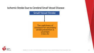 Kleindorfer, D. O., et al. (2021). 2021 AHA/ASA Guideline for the Prevention of Stroke in Patients With Stroke and Transient Ischemic Attack. Stroke.
Small Vessel Stroke
The usefulness of
cilostazol for secondary
stroke prevention is
uncertain
(Class 2b)
Ischemic Stroke Due to Cerebral Small Vessel Disease
66
 