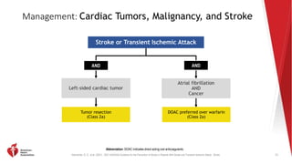 Kleindorfer, D. O., et al. (2021). 2021 AHA/ASA Guideline for the Prevention of Stroke in Patients With Stroke and Transient Ischemic Attack. Stroke.
Management: Cardiac Tumors, Malignancy, and Stroke
73
Abbreviation: DOAC indicates direct acting oral anticoagulants.
AND AND
Left-sided cardiac tumor
Atrial fibrillation
AND
Cancer
Tumor resection
(Class 2a)
DOAC preferred over warfarin
(Class 2a)
Stroke or Transient Ischemic Attack
 