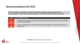Kleindorfer, D. O., et al. (2021). 2021 AHA/ASA Guideline for the Prevention of Stroke in Patients With Stroke and Transient Ischemic Attack. Stroke.
Recommendations for ESUS
COR RECOMMENDATIONS
3
HARM
1. In patients with embolic stroke of undetermined source, treatment with direct oral anticoagulants is not recommended to
reduce risk of secondary stroke.
3
HARM
2. In patients with embolic stroke of undetermined source, treatment with ticagrelor is not recommended to reduce risk of
secondary stroke.
82
Abbreviations: ESUS indicates embolic stroke of unknown source.
ESUS: non-lacunar cryptogenic ischemic stroke (after imaging of proximal large vessels,
echocardiogram, rhythm monitoring with debate in duration of rhythm monitoring required)
 