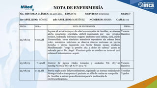 NOTA DE ENFERMERÍA
No. HISTORIA CLÍNICA: 22.420.550. EDAD:72 SERVICIO: Urgencias SEXO: F
1er APELLIDO: GÓMEZ 2do APELLIDO: MARTÍNEZ NOMBRES: MARIA CAMA: 102
FECHA HORA NOTA DE ENFERMERÍA FIRMA
25/08/23 7:00 AM
Ingresa al servicio mayor de edad en compañía de familiar, se observa
alerta consciente, orientada, afebril caminando por sus propios
medios, hidratada tolerando oxígeno ambiente con cabeza, cara, cuello
Normocéfalo, tórax simétrico miembros superiores sin edema buen
color, miembros inferiores se observa úlceras varicosas en pierna
derecha y pierna izquierda con borde limpio escaso exudado.
Manifiestando "tengo la presión alta y dolor de cabeza" quien es
valorada por el Dr. Ángel Vizcaino quién es médico en turno el cual
ordena el tratamiento a seguir.
Yuranis
Ramírez
25/08/23 7:15AM Control de signos vitales tomados y anotados TA: 167/110
mmHg FC:70 X’ SO: 98 % T°: 37.2 °C
Yuranis
Ramírez
25/08/23 7: 25AM Previa explicación del procedimiento, siguiendo las normas estándar de
bioseguridad se transporta al paciente en silla de ruedas en compañía
de familiar a sala de procedimientos para la realización de
electrocardiograma
Yeneidys
Tejedor
8
 