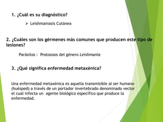 1. ¿Cuál es su diagnóstico?
2. ¿Cuáles son los gérmenes más comunes que producen este tipo de
lesiones?
3. ¿Qué significa enfermedad metaxénica?
 Leishmaniasis Cutánea
Parásitos : Protozoos del género Leishmania
Una enfermedad metaxénica es aquella transmisible al ser humano
(huésped) a través de un portador invertebrado denominado vector
el cual infecta un agente biológico específico que produce la
enfermedad.
 