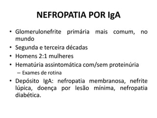 NEFROPATIA POR IgA
• Glomerulonefrite primária mais comum, no
mundo
• Segunda e terceira décadas
• Homens 2:1 mulheres
• Hematúria assintomática com/sem proteinúria
– Exames de rotina

• Depósito IgA: nefropatia membranosa, nefrite
lúpica, doença por lesão mínima, nefropatia
diabética.

 