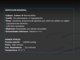 INSPECCION REGIONAL

•Cabeza: Cráneo  Normocéfalo.
•Cuello: Sin adenopatías ,ni ingurgitación.
•Tórax: Simétrico, presencia de apósitos por retiro de catéter en región
 supraclavicular derecha.
 CsPs bien ventilados
•Abdomen: Distendido, con estrías nacaradas.
•Extremidades inferiores: Edema +/ +++


SIGNOS VITALES:
Presión arterial: 140/90 mmHg
Pulso: 100/ minuto
Frec. Respiratoria: 22 x minuto
Temperatura: 37.2 
 