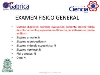 • Sistema digestivo: Durante evaluación presenta diarrea fétida
de color amarillo y episodio emético con parasito (no se realiza
análisis)
• Sistema urinario: N
• Sistema reproductivo: N
• Sistema músculo esquelético: N
• Sistema nervioso: N
• Piel y anexos: N
• Ojos: N
EXAMEN FISICO GENERAL
 