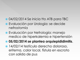  04/02/2014 Se inicia tto ATB para TBC 
 Evaluación por Urología: se decide 
nefrostomía 
 Evaluación por Nefrología: manejo 
medico de hiperkalemia e hipertensión 
 05/02/2014 se plantea orquiepididimitis. 
 14/02/14 testículo derecho doloroso, 
eritema, calor local, fístula en escroto 
con salida de pus 
 