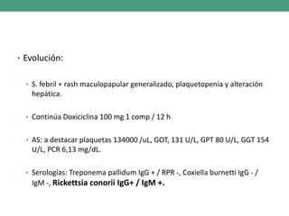 • Evolución:
• S. febril + rash maculopapular generalizado, plaquetopenia y alteración
hepática.
• Continúa Doxiciclina 100 mg 1 comp / 12 h
• AS: a destacar plaquetas 134000 /uL, GOT, 131 U/L, GPT 80 U/L, GGT 154
U/L, PCR 6,13 mg/dL.
• Serologías: Treponema pallidum IgG + / RPR -, Coxiella burnetti IgG - /
IgM -, Rickettsia conorii IgG+ / IgM +.
 