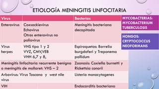 ETIOLOGÍA MENINGITIS LINFOCITARIA
Virus Bacterias
Enterovirus Coxsackievirus
Echovirus
Otros enterovirus no
poliovirus
Meningitis bacteriana
decapitada
Virus
herpes
VHS tipo 1 y 2
VVZ, CMV,VEB
VHH 6,7 y 8,
Espiroquetas: Borrelia
burgdoferi y Treponema
pallidum
Meningitis linfocitaria recurrente benigna
o meningitis de mollaret: VHS – 2
Zoonosis: Coxiella burnetti y
Rickettsia conorii
Arbovirus: Virus Toscana y west nile
virus
Listeria monocytogenes
VIH Endocarditis bacteriana
MYCOBACTERIAS:
MYCOBACTERIUM
TUBERCULOSIS
HONGOS:
CRYPTOCOCCUS
NEOFORMANS
 