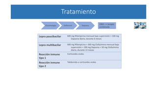 Tratamiento
Lepra paucibacilar 600 mg Rifampicina mensual bajo supervisión + 100 mg
Dapsona diario, durante 6 meses
Lepra multibacilar 600 mg Rifampicina + 300 mg Clofazimina mensual bajo
supervisión + 100 mg Dapsona + 50 mg Clofazimina
diario, durante 12 meses
Reacción inmune
tipo 1
Corticoides orales
Reacción inmune
tipo 2
Talidomida o corticoides orales
Chaulmoogra Sulfona ev Dapsona
1982---> terapia
combinada
 