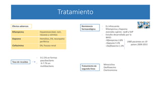 Tratamiento
Rifampicina Hepatotoxicidad, rash,
náuseas y vómitos
Dapsona Hemólisis, EN, neuropatía
periférica
Clofazimina EN, fracaso renal
Resistencia
farmacológica
Efectos adversos
Minociclina
Oxofloxacino
Claritromicina
Tratamiento de
segunda línea
- Es infrecuente
- Rifampicina y Dapsona
asociada a genes rpoB y folP
- Estudio desarrollado por la
WHO:
- Rifampicina 3.8%
- Dapsona 5.3%
- Oxofloxacino 1.3%
1900 pacientes en 19
países 2009-2015
Tasa de recaídas
- 0-2.5% en formas
paucibacilares
- 0-7.7% en
multibacilares
 