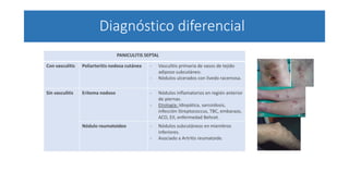 Diagnóstico diferencial
PANICULITIS SEPTAL
Con vasculitis Poliarteritis nodosa cutánea - Vasculitis primaria de vasos de tejido
adiposo subcutáneo.
- Nódulos ulcerados con lívedo racemosa.
Sin vasculitis Eritema nodoso - Nódulos inflamatorios en región anterior
de piernas.
- Etiología: Idiopática, sarcoidosis,
infección Streptococcus, TBC, embarazo,
ACO, EII, enfermedad Behcet.
Nódulo reumatoideo - Nódulos subcutáneos en miembros
inferiores.
- Asociado a Artritis reumatoide.
 