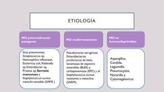 ETIOLOGÍA
MO potencialmente
patógenos
Strp. pneumoniae,
Streptococcus sp,
Haemophilus influenzae,
Eschericia coli, Klebsiella
sp, Enterobacter sp,
Proteus sp, Serratia
marcenses y
Staphylococcus aureus
meticilin-sensible (SAMS )
MO multirresistentes
Pseudomonas aeruginosa
Enterobacterias
productoras de beta-
lactamasas de espectro
extendido (BLEE) y
carbapenemasas (EPC) y el
Staphylococcus aureus
resistente a meticilina
(SARM).
MO en
inmunodeprimidos
Aspergillus,
Candida,
Legionella,
Pneumocystis,
Nocardia y
Cytomegalovirus
 