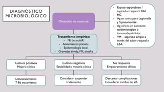 DIAGNÓSTICO
MICROBIOLÓGICO
Obtención de muestras:
Tratamiento empírico:
- FR de multiR
- Aislamientos previos
- Epidemiología local
- Gravedad (imdp,VM, shock)
- Esputo espontáneo /
aspirado traqueal / BAL
- HC
- Ag en orina para Legionella
y S.pneumoniae
- Ag víricos en contexto
epidemiológico o
inmunodeprimidos
- VM – aspirado simple a
través del tubo traqueal y
LBA
Cultivos positivos
Mejoría clínica
Cultivos negativos
Estabilidad o mejoría clínica
No respuesta
Empeoramiento clínico
Desescalamiento
7-8d tratamiento
Considerar suspender
tratamiento
Descartar complicaciones
Considerar cambio de atb
 